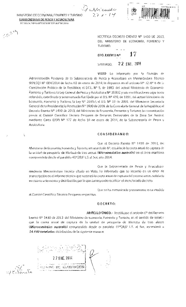 D EX Nº 17 -2014 Rectifica D EX Nº 1410-2013 que Establece cuotas de captura de merluza comun merluza del sur congrio dorado y merluza de tres aletas IV-XII (F.D.O. 30-01-2014)