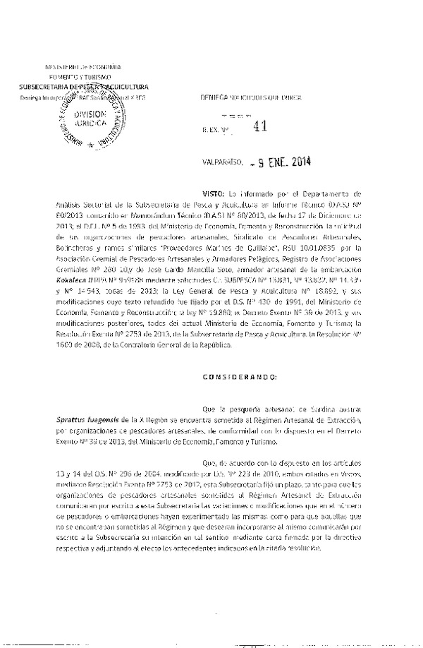 R EX Nº 41-2014 Deniega Solicitudes de participación en el Régimen Artesanal de Extracción Sardina austral X Región. (F.D.O. 17-01-2014)