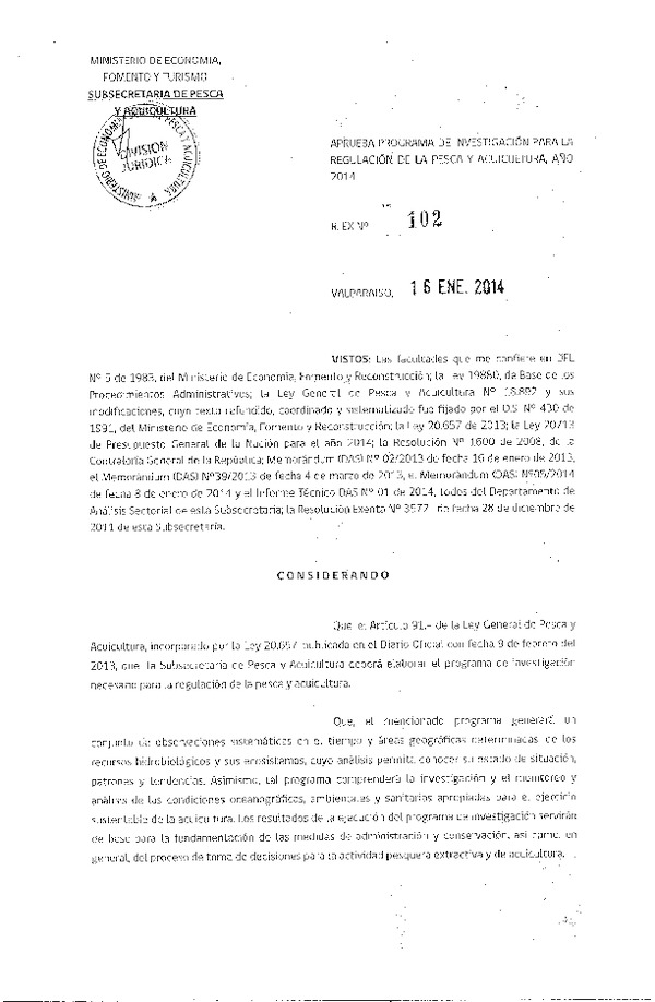 R EX Nº 102-2014 Aprueba Programa de Investigación para la Regulación de la Pesca y Acuicultura Año 2014.