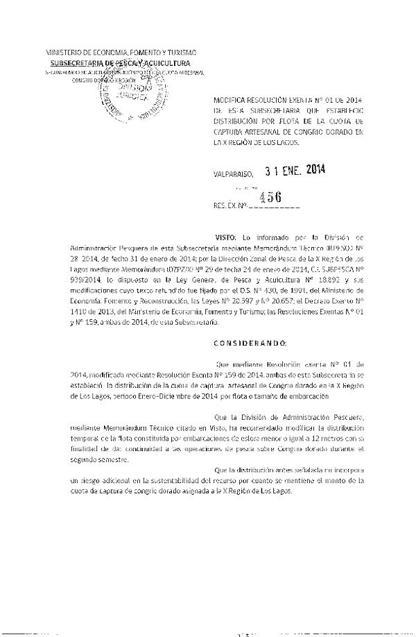 R EX Nº 456-2014 Modifica R EX Nº 1-2014 que Establece Distribución por Flota de la Cuota de Captura Artesanal de Cogrio Dorado en la X Región de Los Lagos.