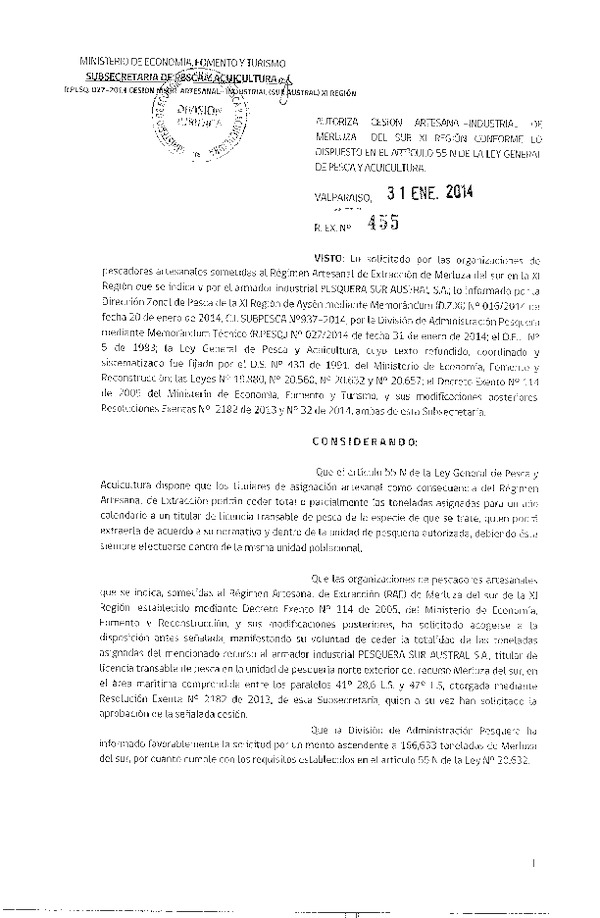 R EX Nº 455-2014 Autoriza Cesión Recurso Merluza del sur XI Región.