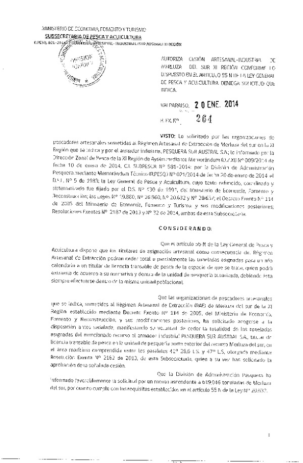 R EX Nº 264-2014 Autoriza Cesión Recurso Merluza del sur XI Región.