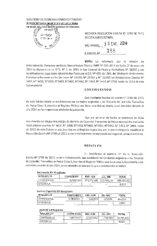 R EX Nº 388-2014 Modifica R EX Nº 3789-2013 Que establece Toneladas para Titulares de Licencias Transables de Pesca Clase A, 2014. Fija nómina de Titulares, Arrendatarios y Meros Tenedores. (F.D.O. 06-02-2014)