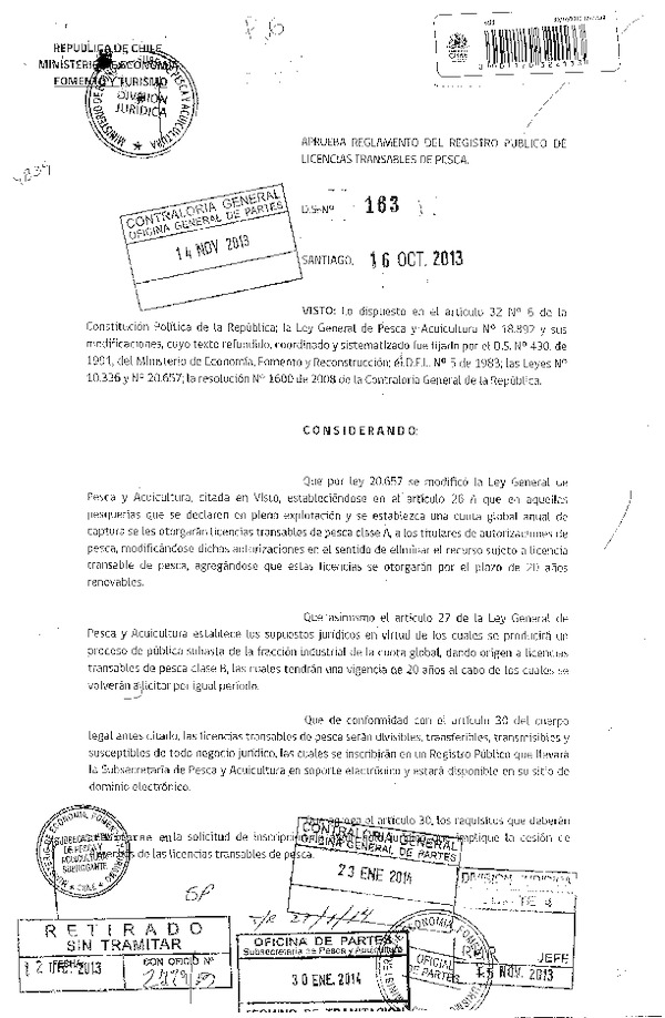 D.S. Nº 163-2013 Aprueba Reglamento del Registro Público de Licecnias Transables de Pesca. (F.D.O. 04-02-2014)