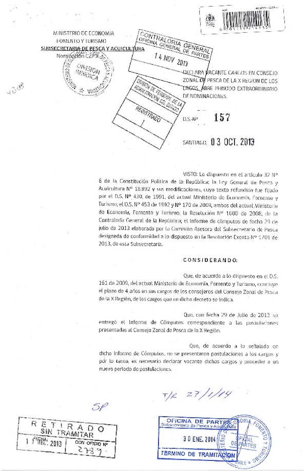 D.S. Nº 157-2013 Declara vacantes y Cargos en Consejo Zonal de Pesca de la X Región de Los Lagos. Abre periodo extraordinario de nominaciones. (F.D.O. 04-02-2014)