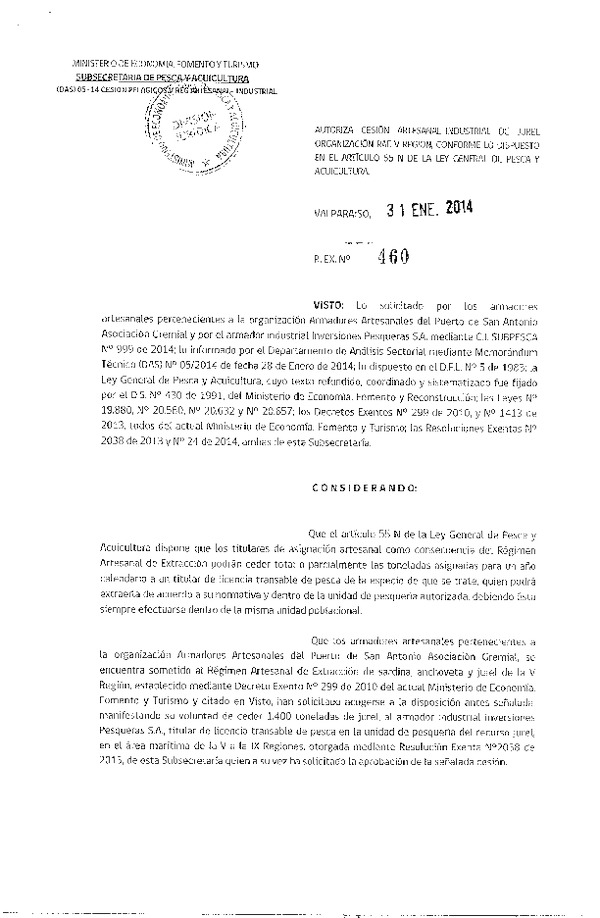 R EX Nº 460-2014 Autoriza Cesión Recurso Jurel V Región.