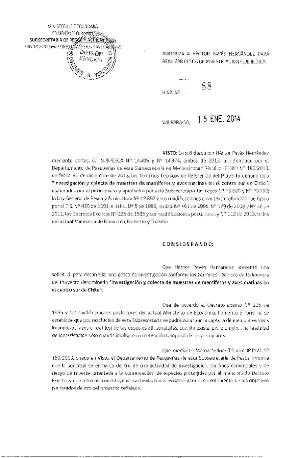 R EX Nº 88-2014 Investigación y colecta de muestras de mamíferos y aves marinas en centro sur de Chile.