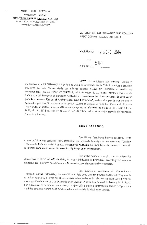 R EX Nº 260-2014 Estudio línea base sitios costeros Archipielago Juan Fernández.