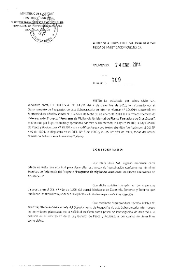 R EX Nº 309-2014 Programa de vigilancia ambiental Planta faenadora de Crustáceos.