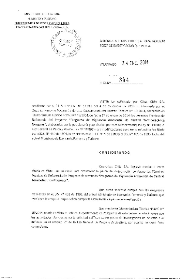 R EX Nº 354-2014 Programa de vigilancia ambiental Central Termoeléctrica Norgener.