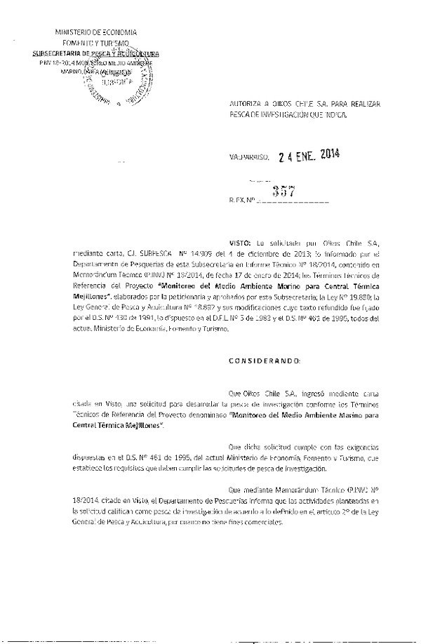 R EX Nº 357-2014 Monitoreo medio ambiente marino central Térmica Mejillones.