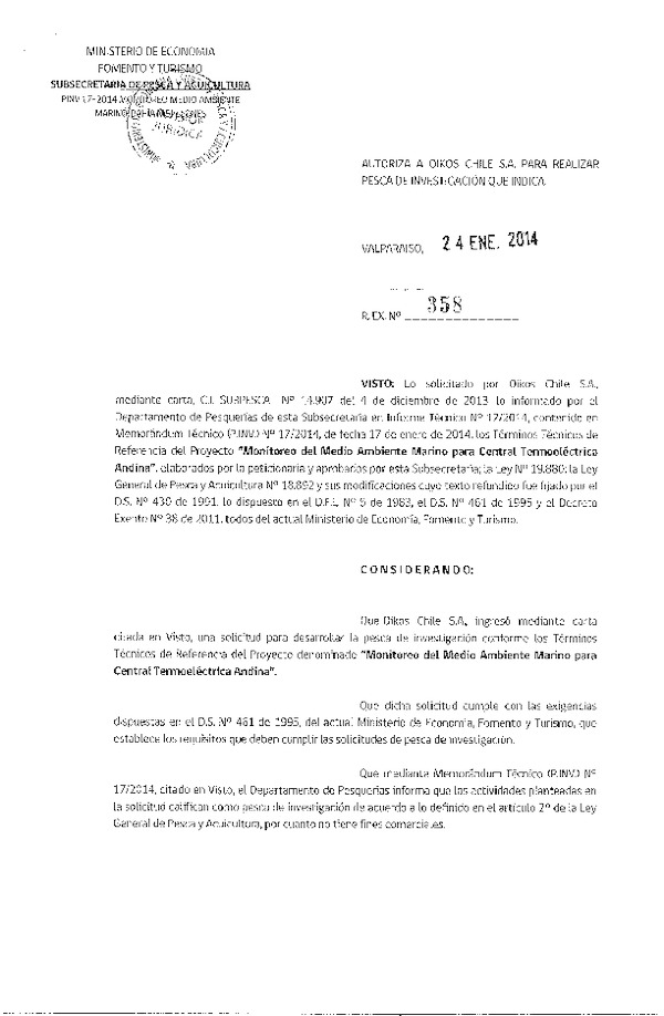 R EX Nº 358-2014 Monitoreo del Medio ambiente marino Central Termoeléctrica Andina.