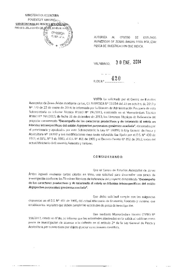 R EX Nº 420-2014 Desempeño de los caracteres productivos y de tolerancia al estrés en híbridos intraespecíficos del ostión.