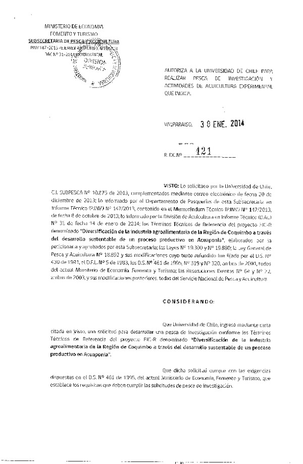 R EX Nº 421-2014 Diversificación de la industria agroalimentaria de la Región de Coquimbo.