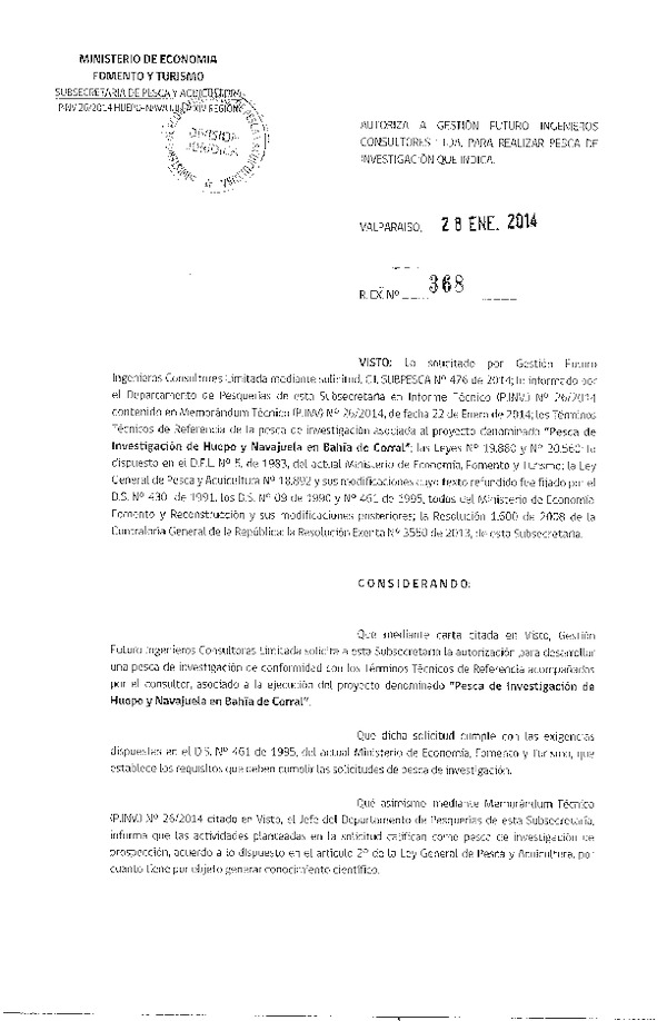 R EX Nº 368-2014 Pesca de investigación de Huepo y Navajuela en Bahía de Corral.