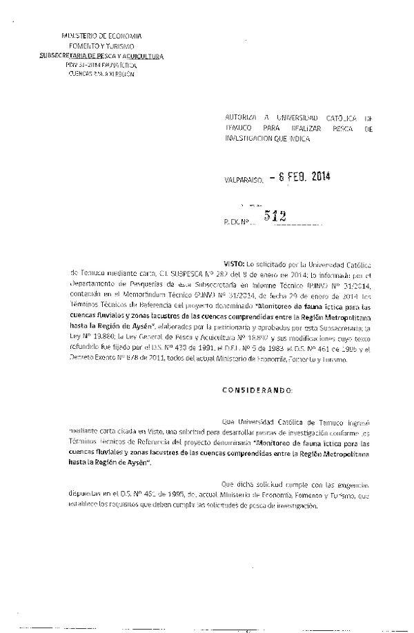 R EX Nº 512-2014 Monitoreo fauna íctica cuencas fluviales entre la Región Metropolitana hasta la región de Aysén.