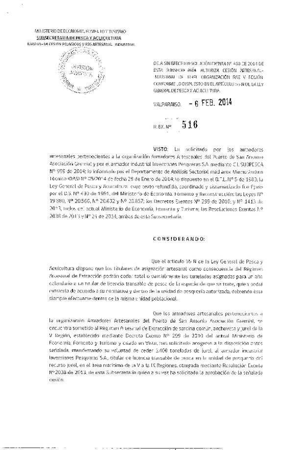 R EX Nº 516-2014 Deja sin efecto R EX Nº 460-2014 Autoriza Cesión Recurso Jurel V Región.