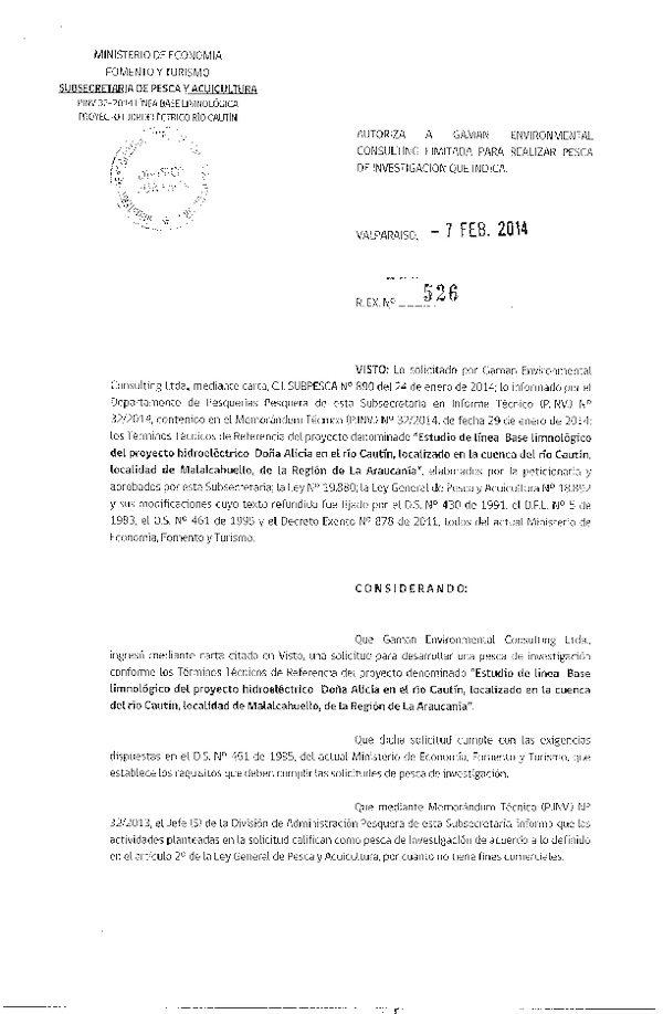 R EX Nº 526-2014 Estudio línea base limnológico proyecto hidroeléctrico Doña Alicia en el río Cautín.