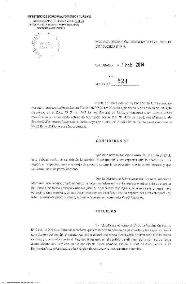 R EX Nº 524-2014 Modifica R EX Nº 3115-2013 Establece Nómina Nacional de Pesquerías Artesanales de conformidad con lo dispuesto en el artículo 50 A, de la Ley General de Pesca y Acuicultura.