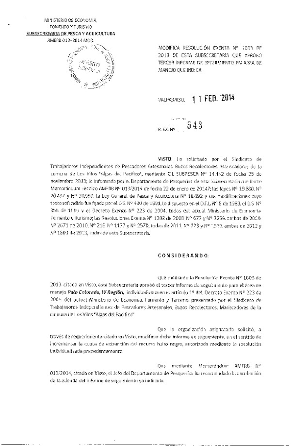 R EX Nº 543-2014 MODIFICA R EX N° 1603-2013 3° SEGUIMIENTO