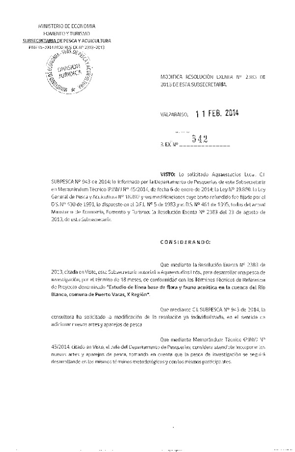 R EX Nº 542-2014 Modifca R EX Nº 2383-2013 Estudio de línea base de flora y fauna acuática en la cuenca del Río Blanco, comuna de Puerto Varas, X Región.