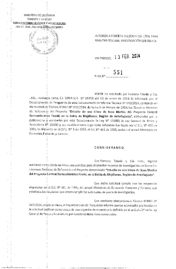 R EX Nº 551-2014 Estudio de una línea de Base Marina proyecto Central Termoeléctrico Ttanti, Bahía de Mejillones, Región de Antofagasta.