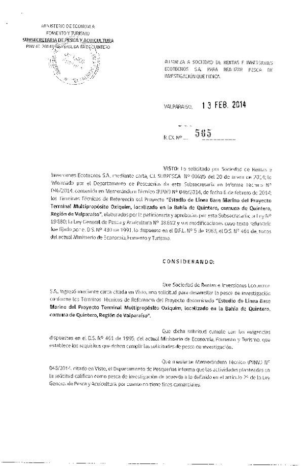 R EX Nº 565-2014 Estudio de línea Base Marino del Proyecto Terminal Multipropósito Oxiquim, localizado en la Bahía de Quintero, comuna de Quintero, Región de Valparaiso.