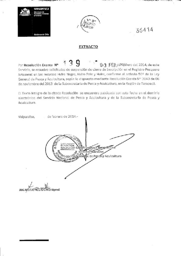 R EX Nº 139-2014 Resuelve solicitudes de suspensión de cierre de inscripción en el Registro Pesquero artesanal en los recursos Huiro negro, huiro palo y huiro. (Servicio Nacional de Pesca)