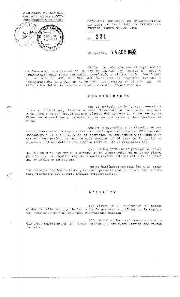 R EX Nº 331-1992 Establece Regulación de caracteristicas del Arte de Pesca para la captura del recurso Langostino Colorado.