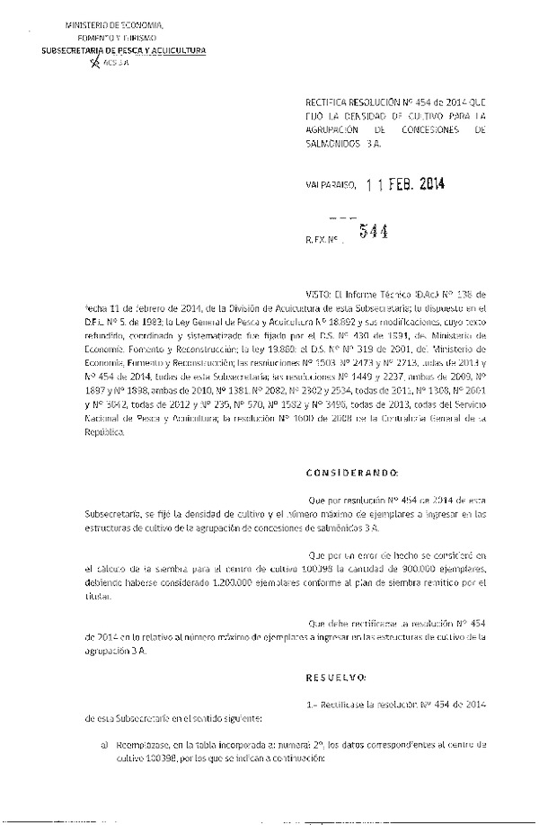 R EX Nº 544-2014 Rectifica R EX Nº 454-2014 que fijo la densidad de cultivo para la agrupación de concesiones de salmónidos 3A.