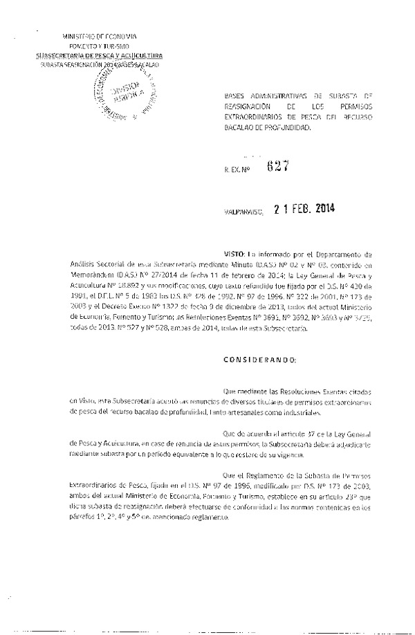 R.Ex. N° 627-2014 Bases Administrativas de Subasta de Reasignación de Permisos Extraordinarios de Pesca del Recurso Bacalao de Profundidad