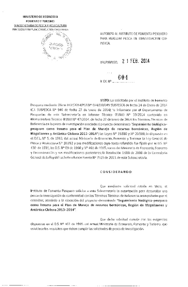 R EX Nº 604-2014 Plan de manejo recurso Bentónicos, Huepo, Juliana y Ostión del sur, XII Región.