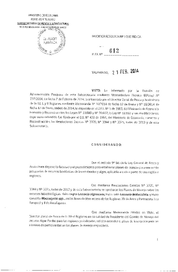 R EX Nº 612-2014 Modifica R EX Nº 3320, Nº 3344 y Nº 3375, todas de 2013, Planes de Manejo Algas Pardas.