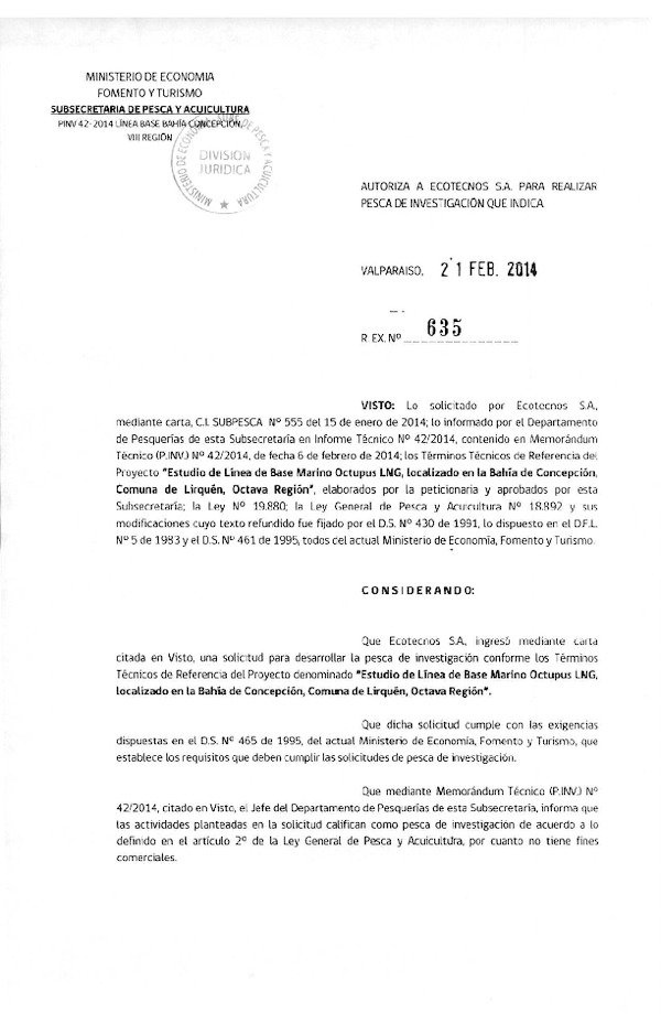 R EX Nº 635-2014 Estudio línea base Marino Octupus LNG, localizado en la Bahía de Concepción de Lirquén, VIII Región.