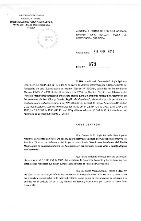 R EX N° 673-2014 Monitoreo Ambiental del medio marino, Los Vilos y Canela, IV Region.