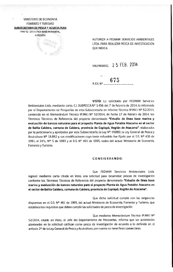 R EX N° 675-2014 Estudio Líinea base marina y evaluacion de bancos naturales proyecto Planta de Agua Potable Atacama en el sector de Bahía Caldera.
