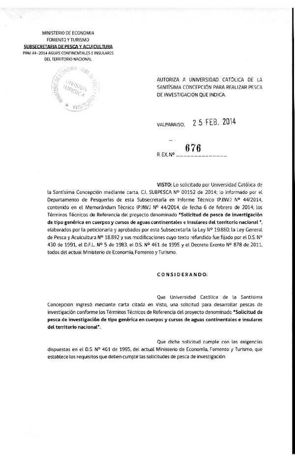 R EX N° 676-2014 Solicitud de pesca de investigación de tipo genérica en cuerpos y cursos de aguas continentales e insulares.