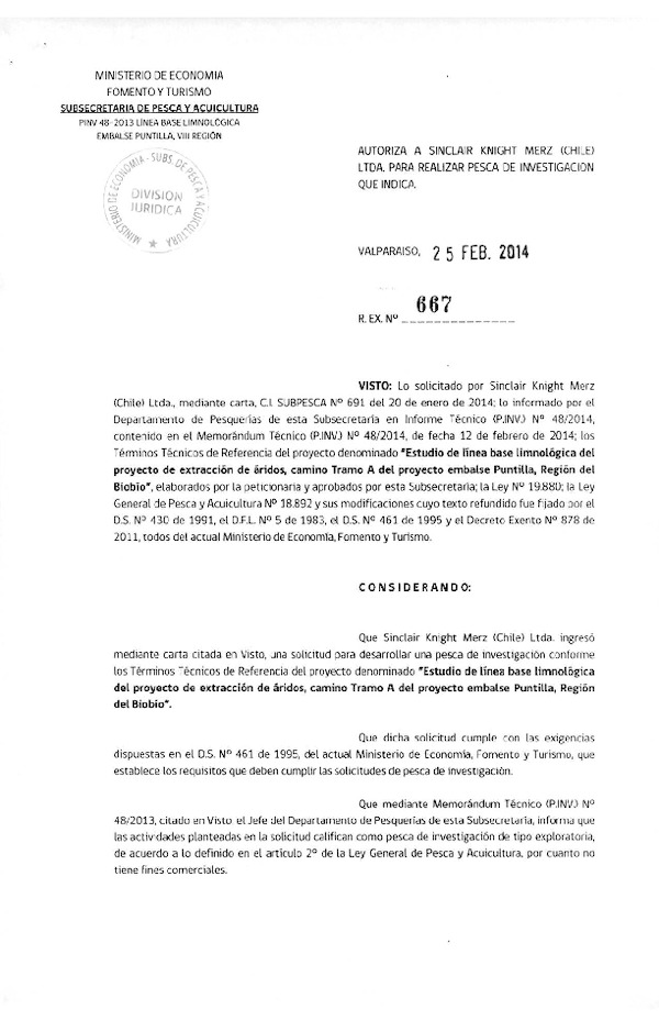 R EX N° 667-2014 Estudio de línea base limnológica proyecto de extracción de áridos, camino Tramo A del proyecto embalse Puntilla, Región del Biobío