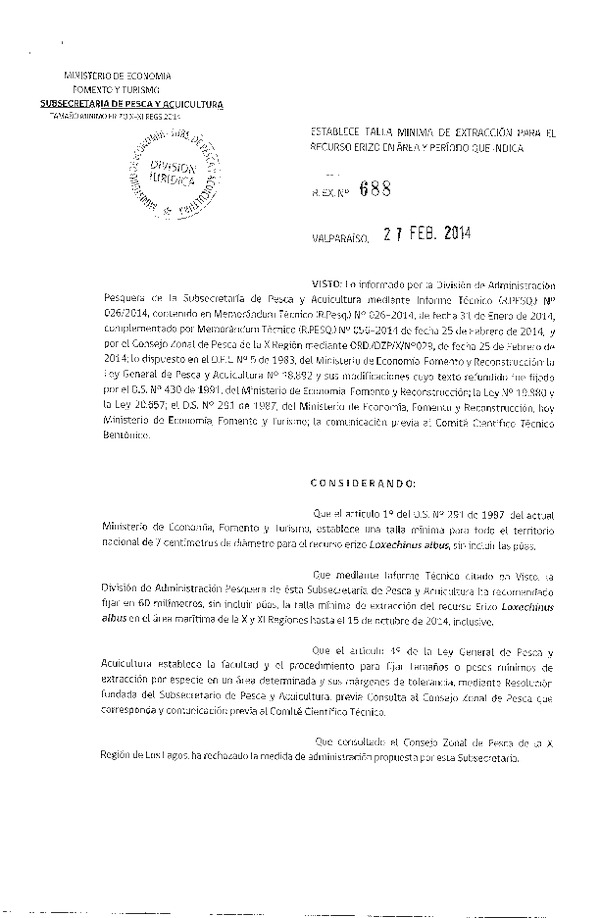 R EX N° 688-2014 Establece Talla Mínima de Extracción, recurso Erizo, X-XI Región.