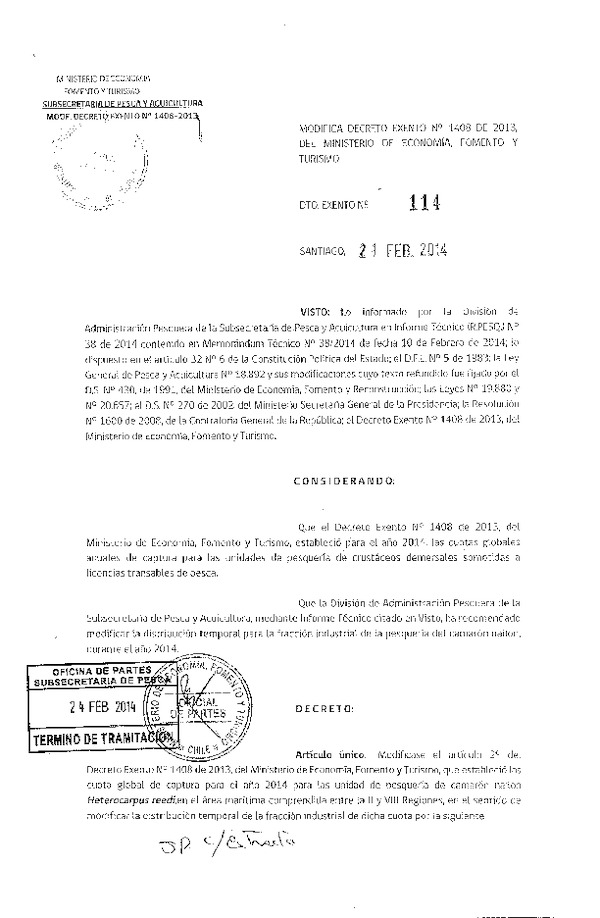 D EX N° 114-2014 Modifica D EX Nº 1408-2013 Establece cuota de captura de camaron nailon langostino amarillo langostino colorado II-VIII (F.D.O. 03-03-2014)