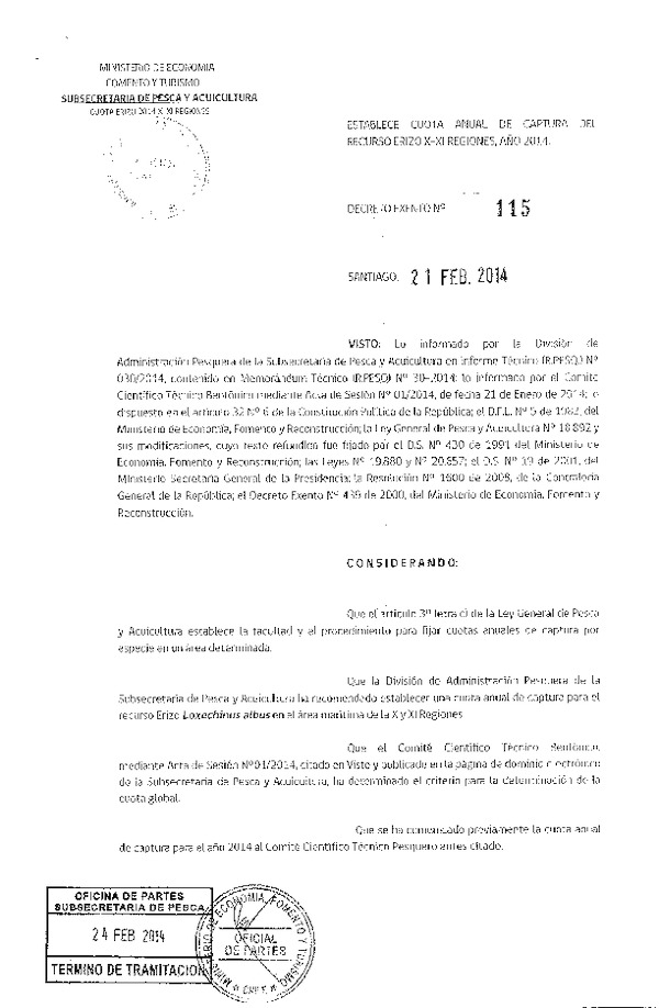 D EX N° 115-2014 Establece Cuota Anual de Captura, recurso Erizo, X-XI Región, año 2014. (F.D.O. 03-03-2014)