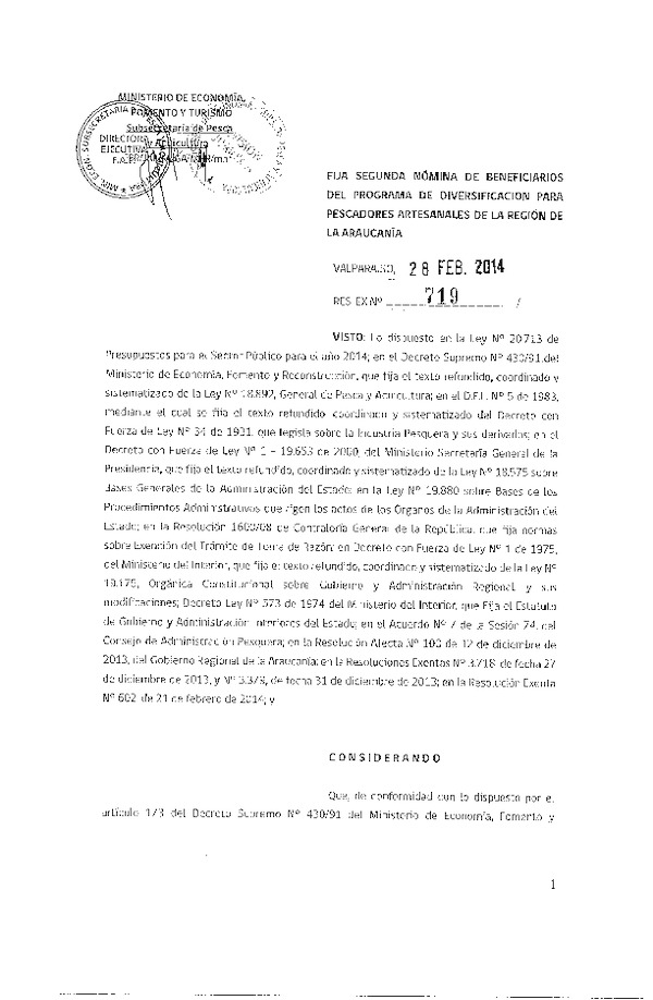 R EX N° 719-2014 Fija Segunda Nómina de beneficiarios del Programa de Diversificación para Pescadores Artesanales de la Regi{on de la Araucanía.