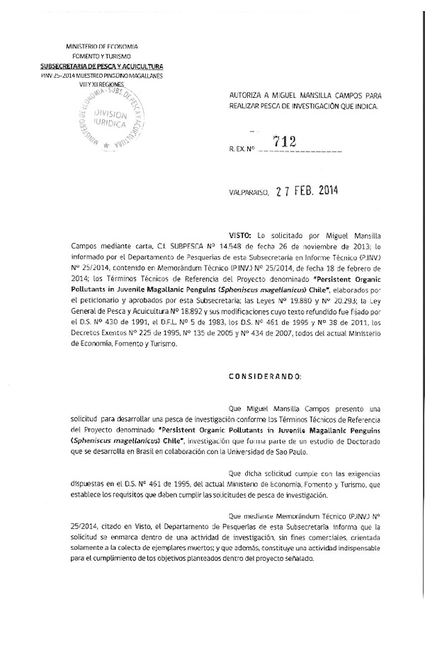 R EX N° 712-2014 Muestreo Pingûino de Magallanes VIII y XII Región.