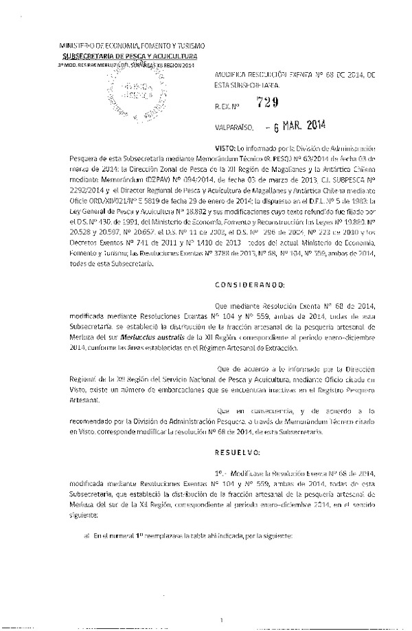 R EX Nº 729-2014 Modifica R EX Nº 68-2014, Distribución de la Fracción artesanal de Pesqueria de Merluza del sur por área en la XII Región, año 2014.