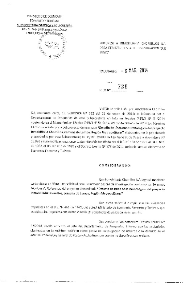R EX N° 739-2014 Estudio Línea base limnológico del proyecto Planta de inmobiliaria Chorrillos, comuna de Lampa, Región Metropolitana.
