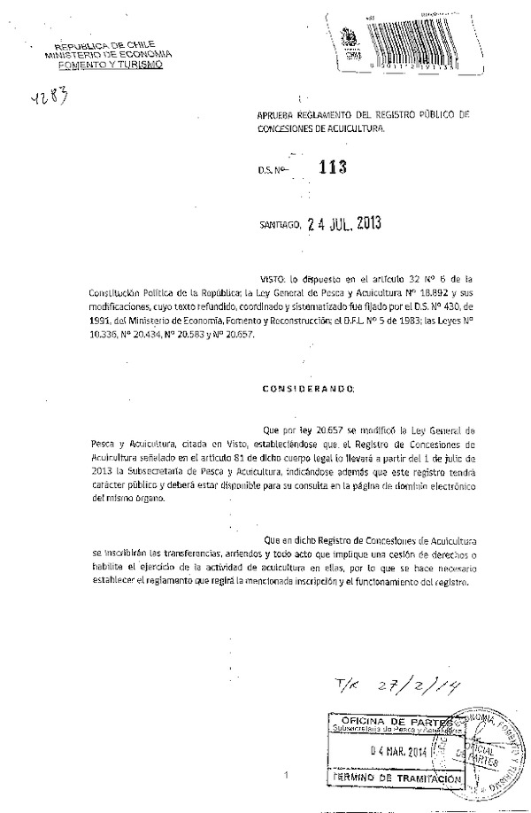 D.S. N° 113-2013 Aprueba Reglamento del Registro Público de Concesiones de Acuicultura. (F.D.O. 08-03-2014)