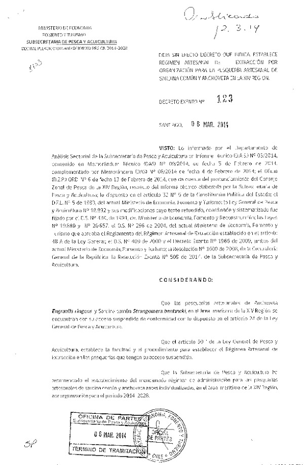 D EX N° 123-2014 Deja sin efecto D EX N° 1966-2009. Establece Régimen Artesanal de Extracción por Organización, Anchoveta y Sardina, XIV Región. (F.D.O. 12-03-2014)