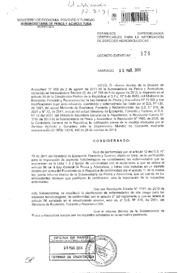 D EX N° 124-2014 Establece Enfermedades Certificables para la Importación de Especies Hidrobiológicas. (F.D.O. 12-03-2014)