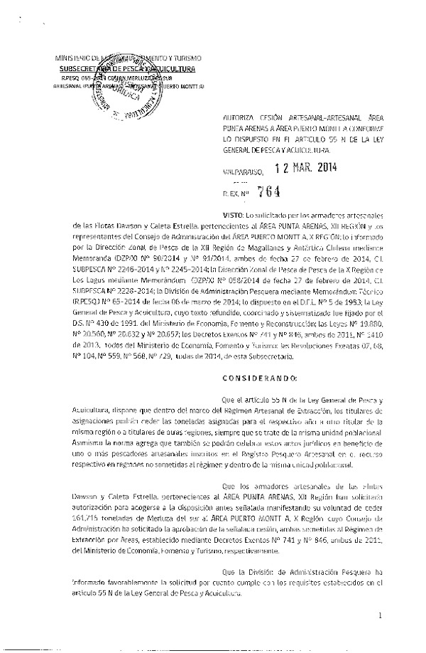 R EX N° 764-2014 Autoriza Cesión recurso Merluza del sur Área Puerto Montt A, X Región.