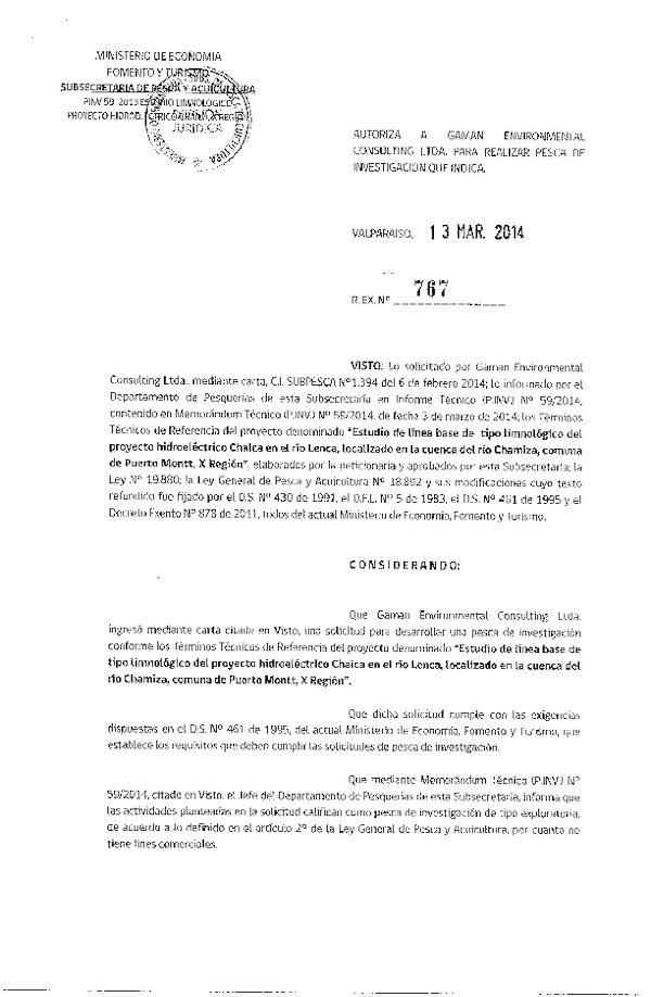 R EX N° 767-2014 Estudio Línea base DE TIPO limnológico del proyecto hidroeléctrico Chaica en el río Lenca, comuna de Puerto Montt, X Región.